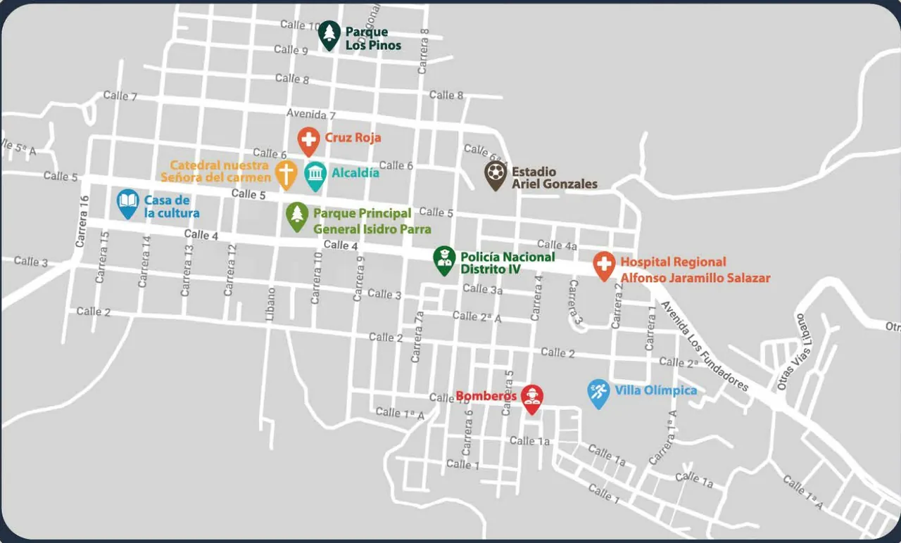 Mapa del casco urbano de El Líbano con la catedral, el parque principal, la alcaldía, el hospital, la Cruz Roja, los bomberos y la villa olímpica